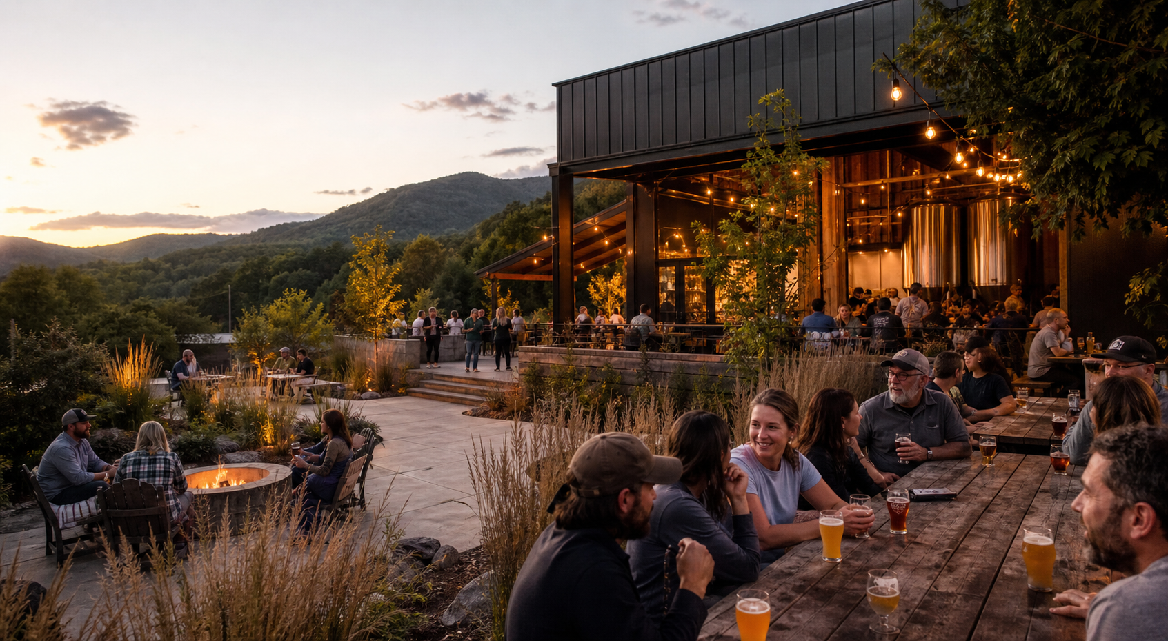 Friends gathering at an original mountain brewery at golden hour
