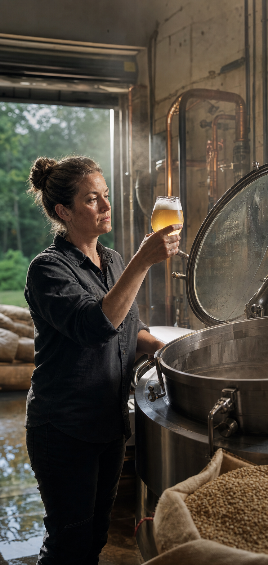 Brewmaster Elena checking a fresh beer beside the fermentation tank